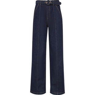 ONLY2025冬季新款牛仔腰带高腰撞色明线长裤宽松直筒裤牛仔裤女