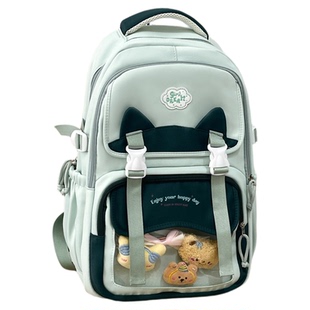 书包女生三到六年级绿色痛包二次元猫咪款双肩包初中生森系背包