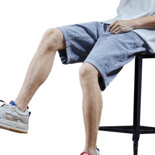 唐狮夏季男士牛仔裤宽松直筒韩版潮流卷边休闲短裤子浅色五分裤子