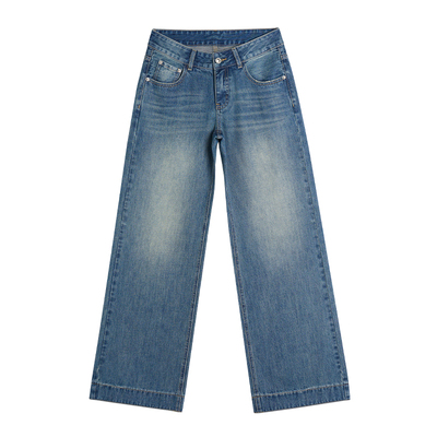 王家有鱼高级设计感复古蓝牛仔裤女辣妹宽松2025夏季新款阔腿裤女