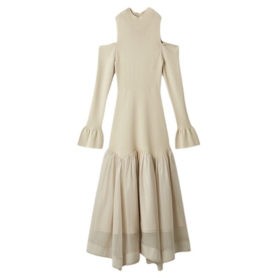 SNIDEL2025秋冬新品优雅圆领露肩喇叭袖针织鱼尾连衣裙SWNO255083