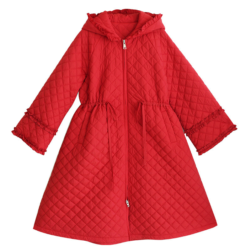 复古纯色连帽中长款棉服女士冬季