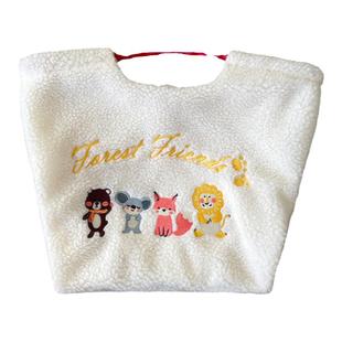 日系抽绳托特包女通勤上班大容量单肩包刺绣手提包羊羔毛包包冬款