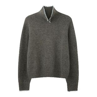 solighter 100%羊毛复古撞色手工勾花套头毛衣女冬季新款翻领毛衫