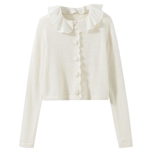 【霍尔特西奥】绵羊毛+马海毛 小香风复古荷叶边拼接针织开衫上衣