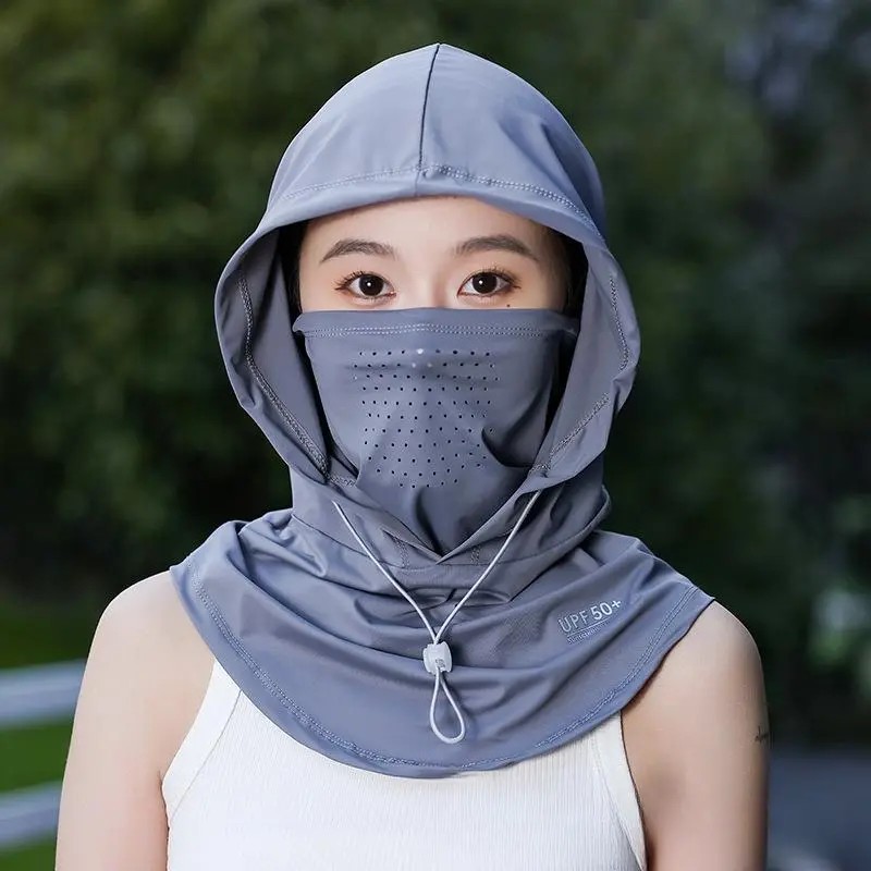全脸防晒面罩帽子一体护颈连帽巾吸汗运动挂耳冰丝围脖户外头套