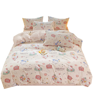 KT猫全棉加绒四件套冬季牛奶绒纯棉被套法兰珊瑚绒儿童床单三件套