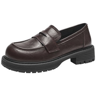 热风女鞋24秋新款女士时尚英伦通勤百搭厚底黑色小皮鞋女鞋子