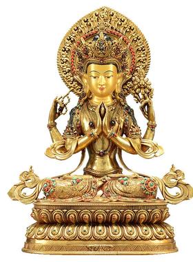 闯隆铜鎏金雕花四臂观音铜像摆件