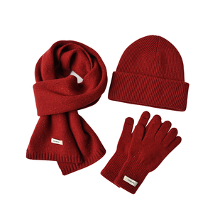 红色新年款 全羊毛点子纱围巾+针织帽 女士复古新年围脖毛线盆帽