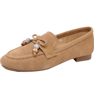 真皮单鞋女软底懒人豆豆鞋秋季2025一脚蹬休闲妈妈鞋磨砂皮乐福鞋