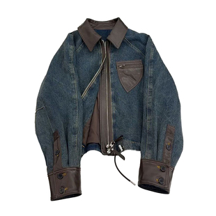 300斤大码美式拼接设计牛仔外套女胖mm蓝色宽松遮肉显瘦开衫皮衣