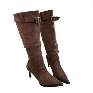 辣妹尖头高跟堆堆靴女2025新款细跟西部牛仔靴褶皱显瘦绒面长筒靴