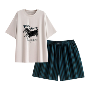 悦内情侣睡衣女士夏季纯棉短袖短裤家居服男款夏天卡通狗休闲套装