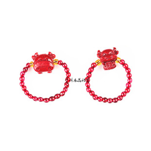 原创设计天然朱砂小花戒指女ins 石榴石富贵花指环红绳好运珠情侣