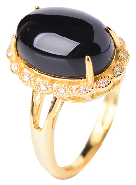 天然黑色玛瑙宝石戒指女款S925纯银气质个性冷淡风活口可调节指环