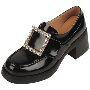 法式复古水钻方扣皮带扣乐福鞋早春漂亮单鞋高跟厚底粗跟真皮女鞋