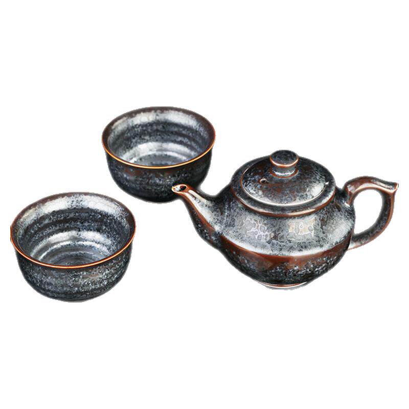 甲盏窑 李甲栈曜变银斑天目瓷茶壶套装七彩陶瓷茶具套组一壶二盏