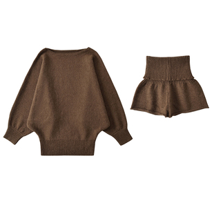 YoungGirlDay纯欲慵懒风斜肩宽松长袖上衣高腰卷边短裤针织套装潮