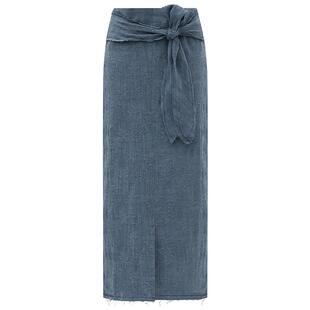 COCOBELLA提花炒色棉麻半身裙女前开叉水洗毛边直筒裙HS3012