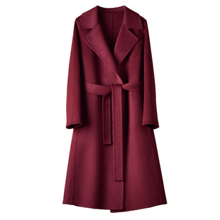 再曦100%纯羊毛双面呢大衣女长款秋冬季气质系带后开叉双面绒外套