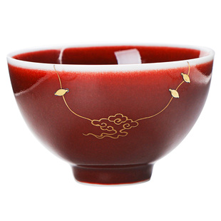 朗红釉个人专用茶杯功夫茶具国潮喝茶品茗杯锔钉主人杯单杯礼盒装