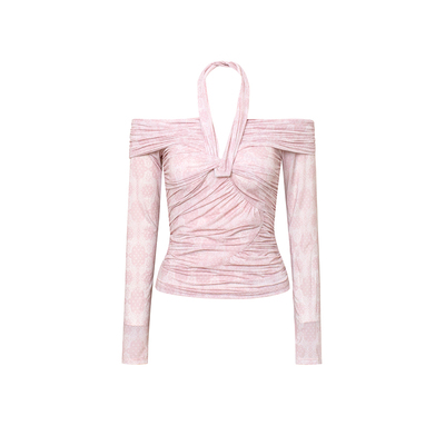 TOP家 独特优雅 法式复古蕾丝印花高弹打褶挂脖一字领显瘦长袖T恤