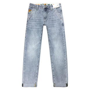 斜插裤兜夏季薄款牛仔裤男九分裤浅蓝色高端流行印花修身小脚长裤