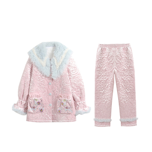 原创奢华丝绒刺绣三层加厚夹棉睡衣两件套宽松加绒家居服套装冬新