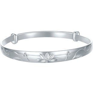 六桂福珠宝清雅莲花银手镯妈妈款足银990实心通体纯银开口镯子女