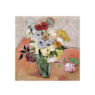 梵高花瓶玫瑰与银莲花油画布画芯喷绘现代艺术简约正方形装饰画