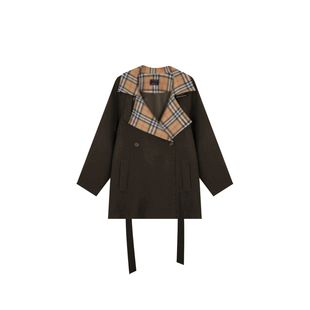 安妮不火 氛围感格纹拼接磨毛猎户短风衣女微胖大码显瘦风衣外套