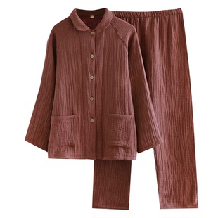 四层全棉纱布情侣睡衣女春秋冬季纯棉男士复古格子长袖家居服套装