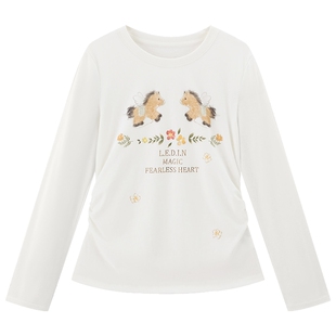 【商场同款】乐町小马印花长袖衫春季新款合体小蛮腰T恤C1CPG1401