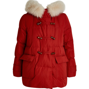 qs秸熙冬季新款保暖连帽羽绒服狐狸毛领宽松气质显瘦牛角扣面包服