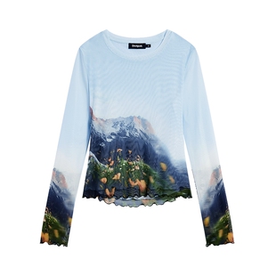 Desigual蓝色风景印花修身弹力网纱女士长袖上衣T恤