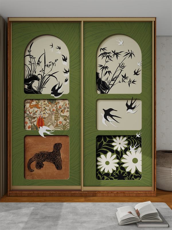 覆古燕子衣柜门贴纸不干胶装饰画衣柜滑动门玻璃门隔断装修盖丑装