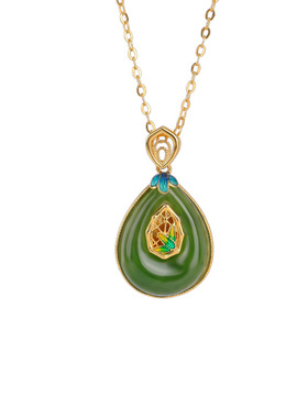 山予棠S925纯银镀金和田玉碧玉复古景泰蓝水滴竹节竹叶吊坠银挂坠