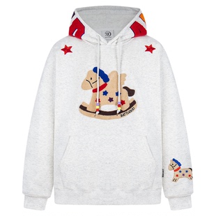 SREK新款百搭卡通风美式木马刺绣连帽卫衣男女情侣潮牌宽松外套