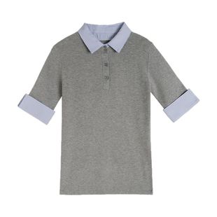 假两件条纹衬衫领针织衫女夏正肩修身显瘦气质高级感短袖polo上衣