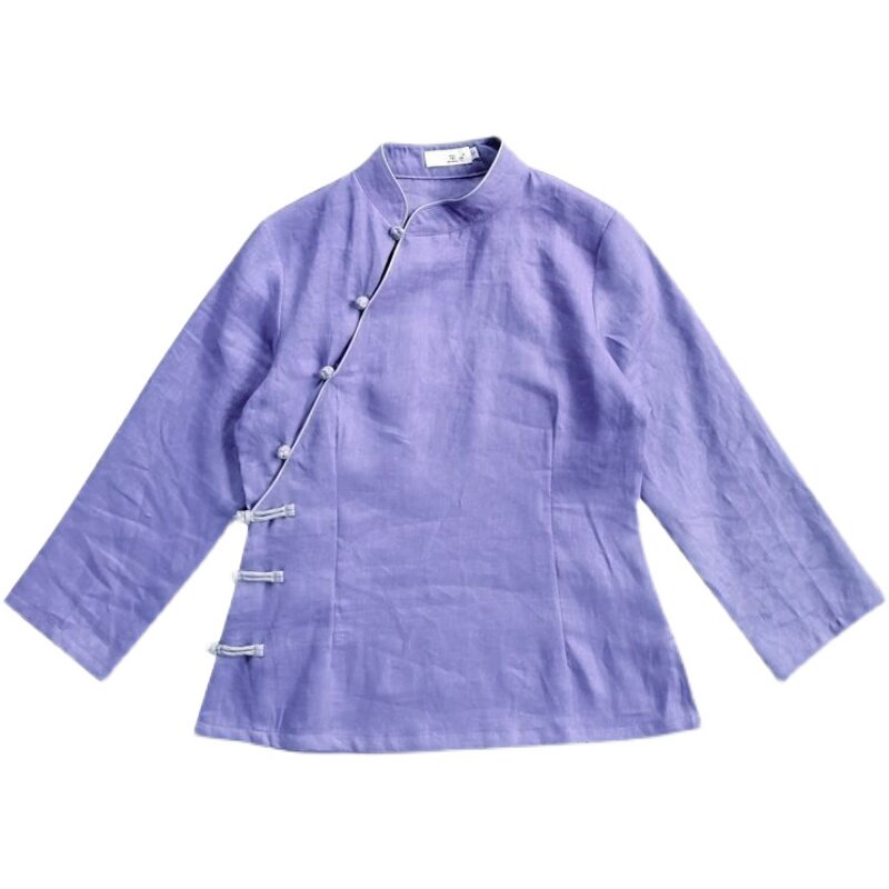 玉想青露  中式女装文艺复古茶服国学纯色亚麻修身小香风旗袍上衣