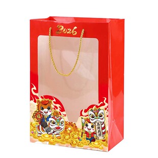 2026马年手提袋 礼品袋PVC透明橱窗袋红色喜庆开窗礼物袋包装袋子