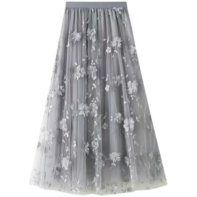 巧帛中长款A型百搭绣花半身裙