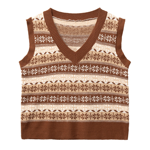 复古提花毛衣BUDENGSHI马甲v领通勤气质针织背心内搭撞色毛衫毛衣