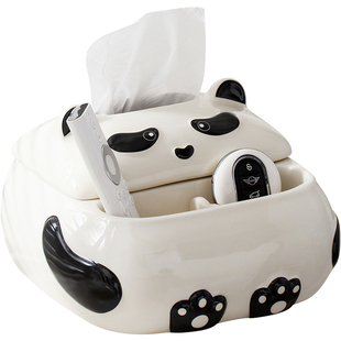 奶油风可爱熊猫陶瓷纸巾盒多功能遥控器收纳盒客厅餐桌卧室抽纸盒