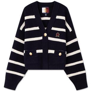 Tommy Hilfiger Collection秋冬女纯羊毛条纹V领宽松针织开衫外套