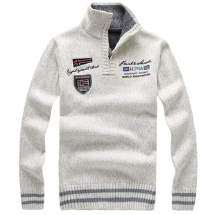 秋冬加绒加厚毛衣男外套宽松大码半高领保暖针织衫立领刺绣毛线衣