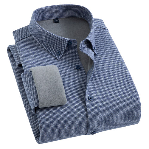 啄木鸟冬季高端男士长袖100%纯棉格子保暖衬衫加绒加厚含羊毛衬衣