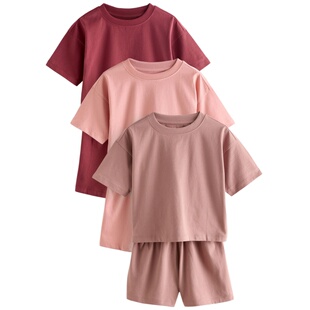 代购 NEXT儿童短袖睡衣 26夏季女童绛红色纯棉家居服3套装 3-16岁