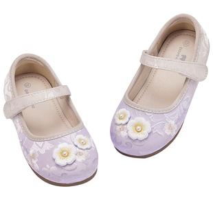 戴维贝拉女童皮鞋汉服国风2026春季新款大童单鞋紫色古风绣花鞋子